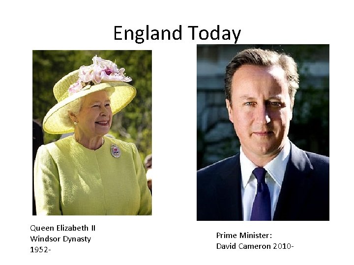 England Today Queen Elizabeth II Windsor Dynasty 1952 - Prime Minister: David Cameron 2010