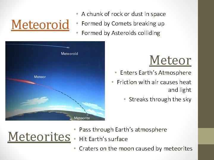 Meteoroid • A chunk of rock or dust in space • Formed by Comets