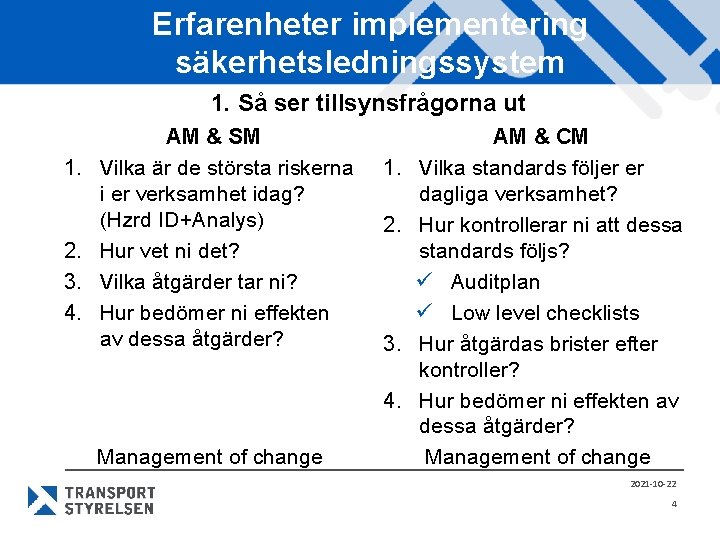 Erfarenheter implementering säkerhetsledningssystem 1. Så ser tillsynsfrågorna ut 1. 2. 3. 4. AM &