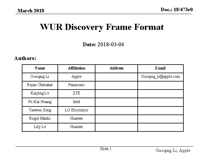 Doc. : 18/473 r 0 March 2018 WUR Discovery Frame Format Date: 2018 -03
