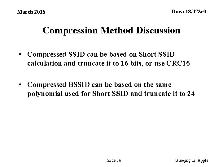 Doc. : 18/473 r 0 March 2018 Compression Method Discussion • Compressed SSID can