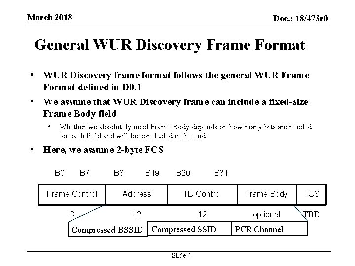 March 2018 Doc. : 18/473 r 0 General WUR Discovery Frame Format • WUR