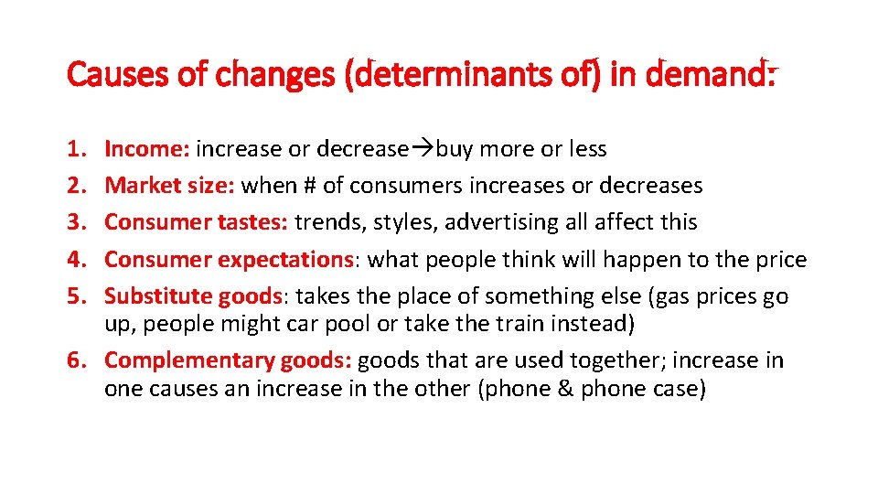 Causes of changes (determinants of) in demand: 1. 2. 3. 4. 5. Income: increase