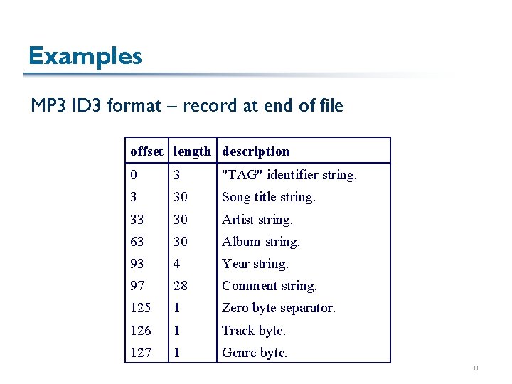 Examples MP 3 ID 3 format – record at end of file offset length