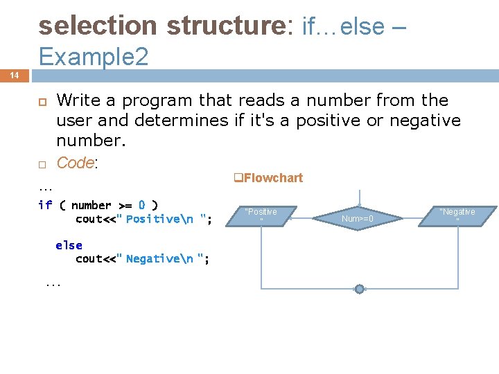 selection structure: if…else – Example 2 14 Write a program that reads a number