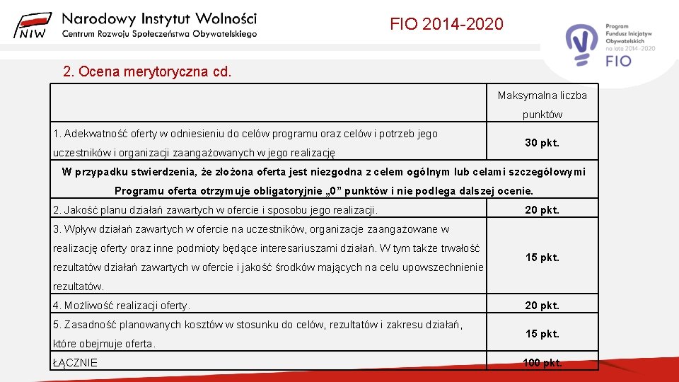 FIO 2014 -2020 2. Ocena merytoryczna cd. Maksymalna liczba punktów 1. Adekwatność oferty w