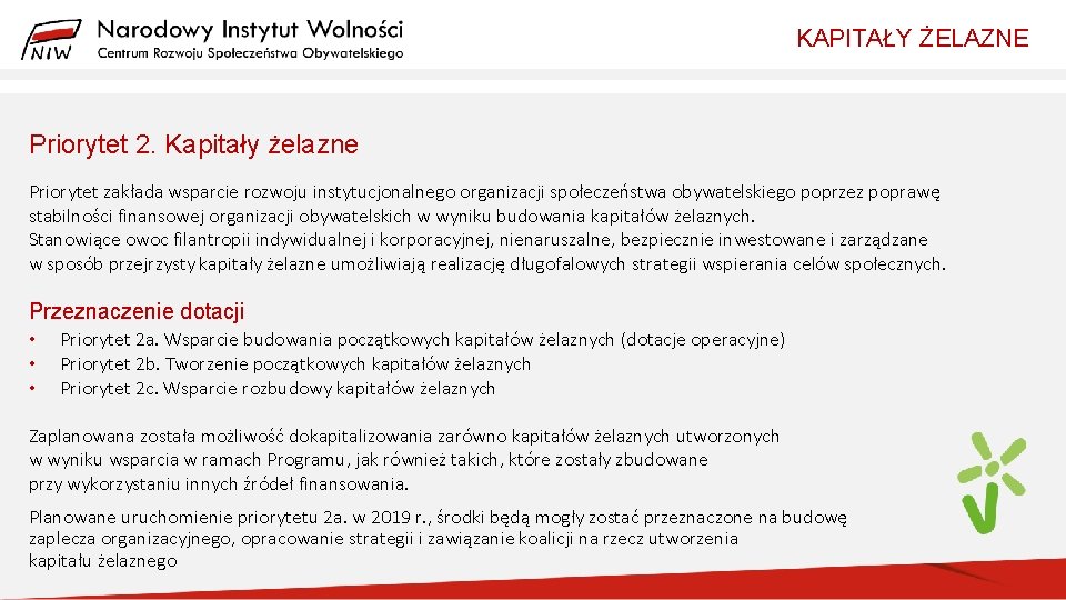 KAPITAŁY ŻELAZNE Priorytet 2. Kapitały żelazne Priorytet zakłada wsparcie rozwoju instytucjonalnego organizacji społeczeństwa obywatelskiego