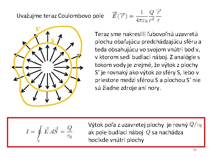 Uvažujme teraz Coulombovo pole S’ S Teraz sme nakreslili ľubovoľnú uzavretú plochu obaľujúcu predchádzajúcu