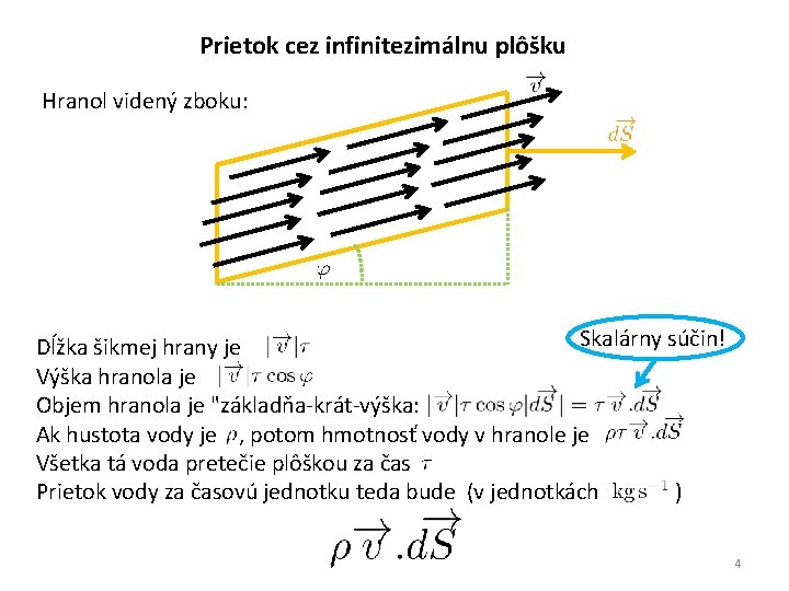 Prietok cez infinitezimálnu plôšku Hranol videný zboku: Skalárny súčin! Dĺžka šikmej hrany je Výška