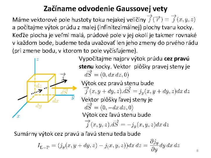 Začíname odvodenie Gaussovej vety Máme vektorové pole hustoty toku nejakej veličiny a počítajme výtok