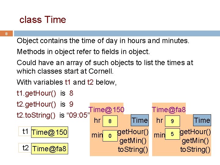 class Time 8 Object contains the time of day in hours and minutes. Methods