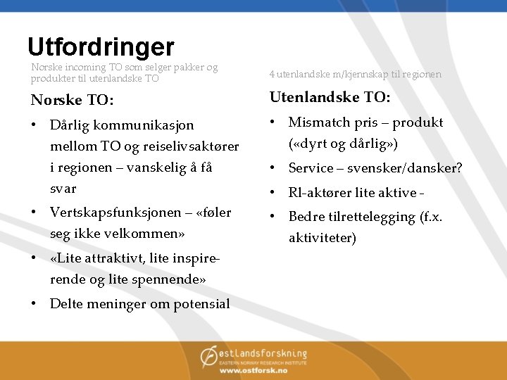 Utfordringer Norske incoming TO som selger pakker og produkter til utenlandske TO 4 utenlandske