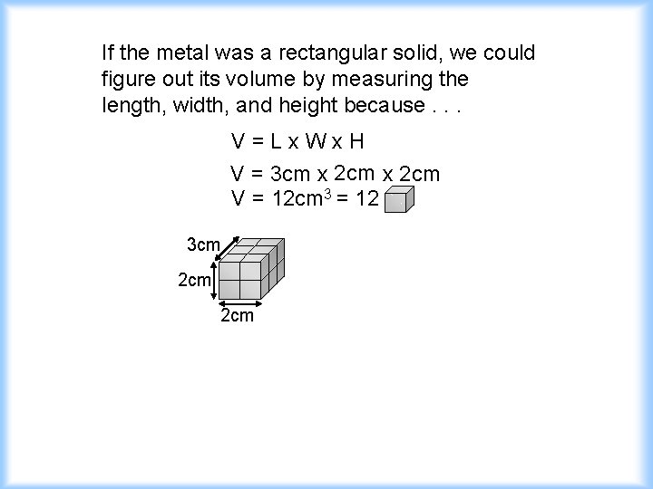 If the metal was a rectangular solid, we could figure out its volume by