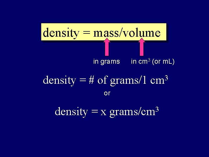 density = mass/volume in grams in cm 3 (or m. L) density = #