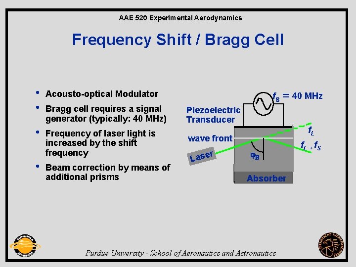 AAE 520 Experimental Aerodynamics Frequency Shift / Bragg Cell • • Acousto-optical Modulator •