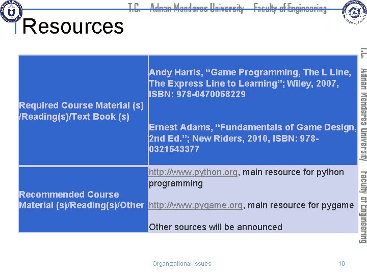 Resources Andy Harris, “Game Programming, The L Line, The Express Line to Learning”; Wiley,