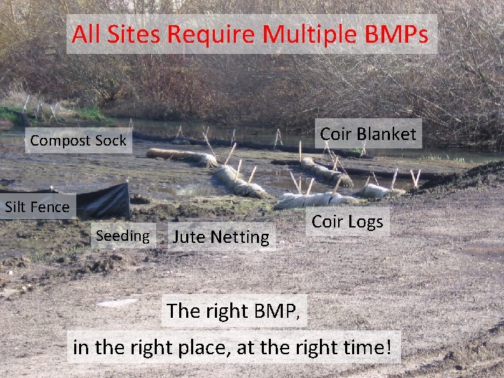 All Sites Require Multiple BMPs Coir Blanket Compost Sock Silt Fence Seeding Jute Netting