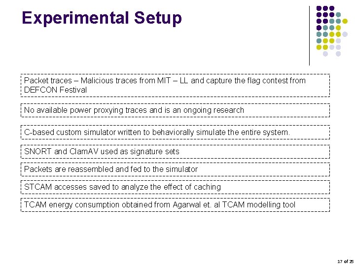 Experimental Setup Packet traces – Malicious traces from MIT – LL and capture the
