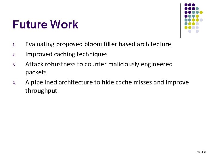 Future Work 1. 2. 3. 4. Evaluating proposed bloom filter based architecture Improved caching