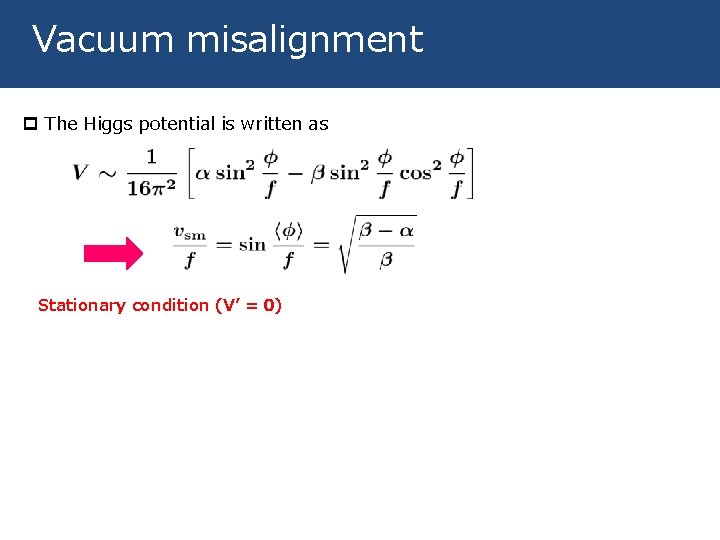 Vacuum misalignment p The Higgs potential is written as Stationary condition (V’ = 0)