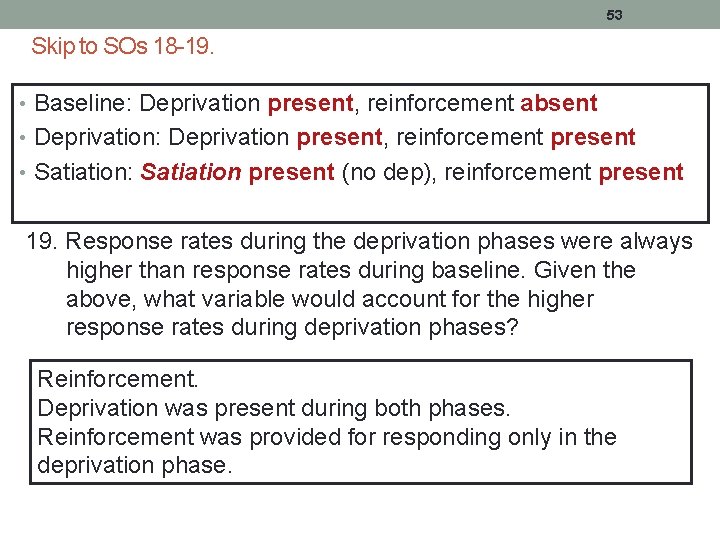 53 Skip to SOs 18 -19. • Baseline: Deprivation present, reinforcement absent • Deprivation: