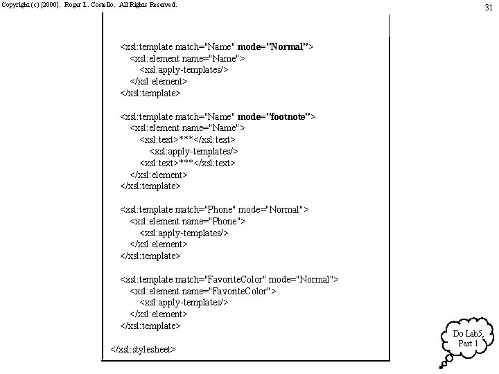 Copyright (c) [2000]. Roger L. Costello. All Rights Reserved. 31 <xsl: template match="Name" mode="Normal">