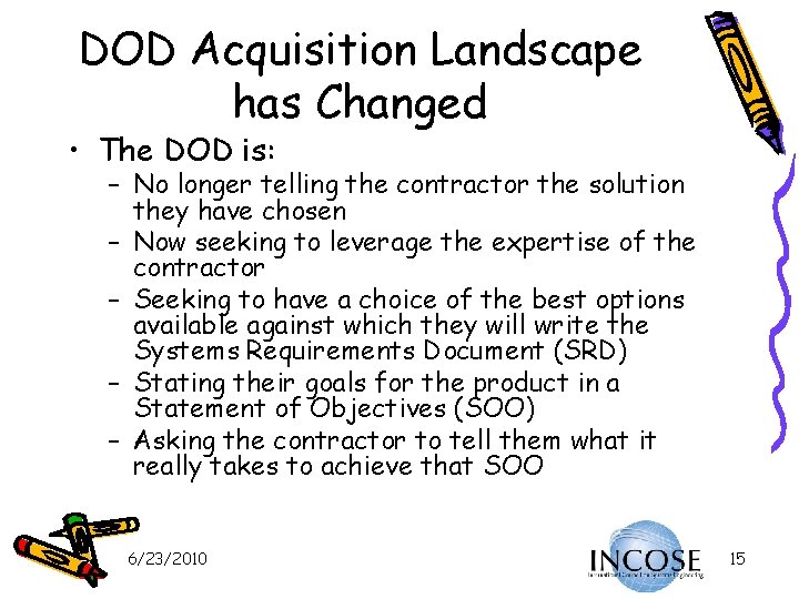 DOD Acquisition Landscape has Changed • The DOD is: – No longer telling the