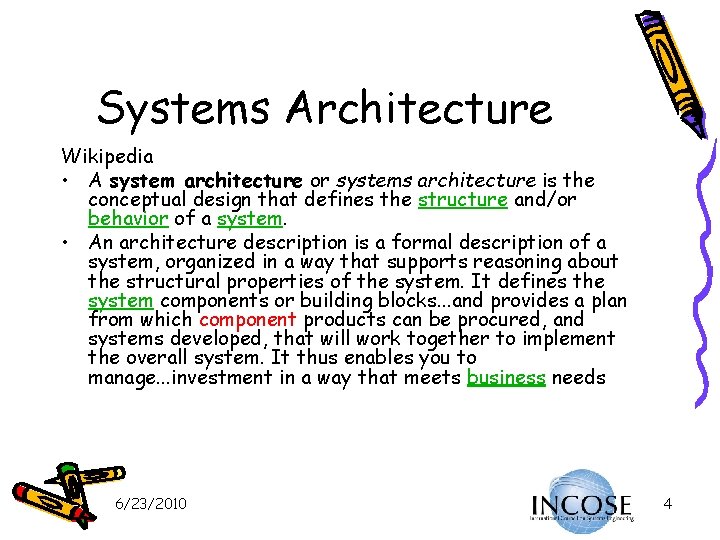 Systems Architecture Wikipedia • A system architecture or systems architecture is the conceptual design