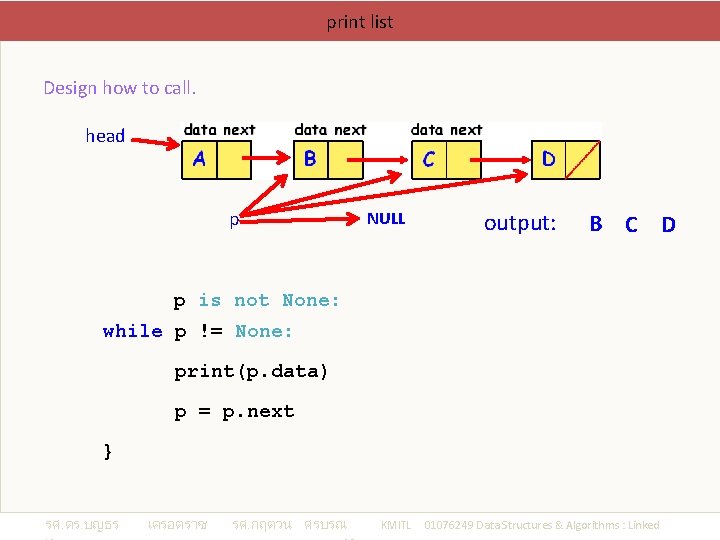 print list Design how to call. head p NULL output: B C D p