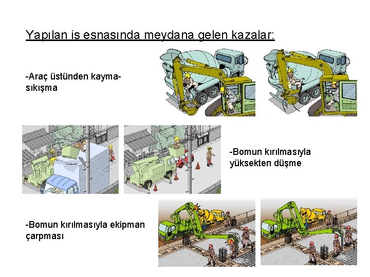 Yapılan iş esnasında meydana gelen kazalar: -Araç üstünden kaymasıkışma -Bomun kırılmasıyla yüksekten düşme -Bomun