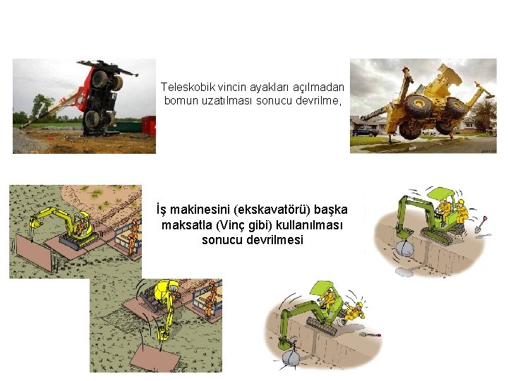 Teleskobik vincin ayakları açılmadan bomun uzatılması sonucu devrilme, İş makinesini (ekskavatörü) başka maksatla (Vinç