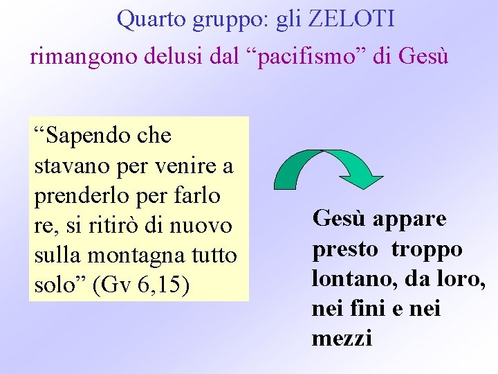 Quarto gruppo: gli ZELOTI rimangono delusi dal “pacifismo” di Gesù “Sapendo che stavano per