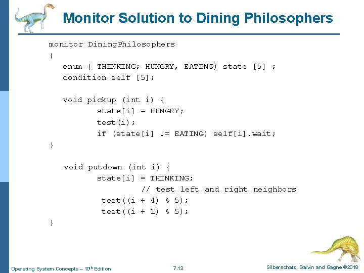 Monitor Solution to Dining Philosophers monitor Dining. Philosophers { enum { THINKING; HUNGRY, EATING)