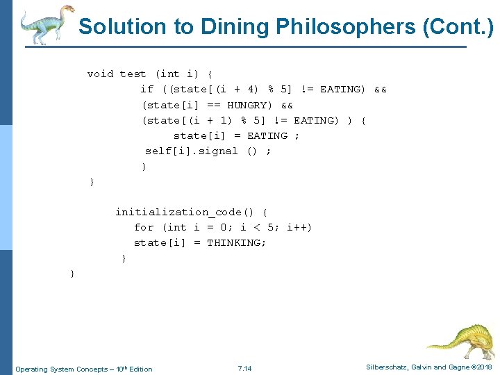 Solution to Dining Philosophers (Cont. ) void test (int i) { if ((state[(i +