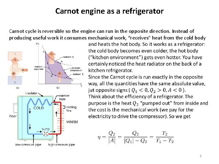 Carnot engine as a refrigerator Carnot cycle is reversible so the engine can run