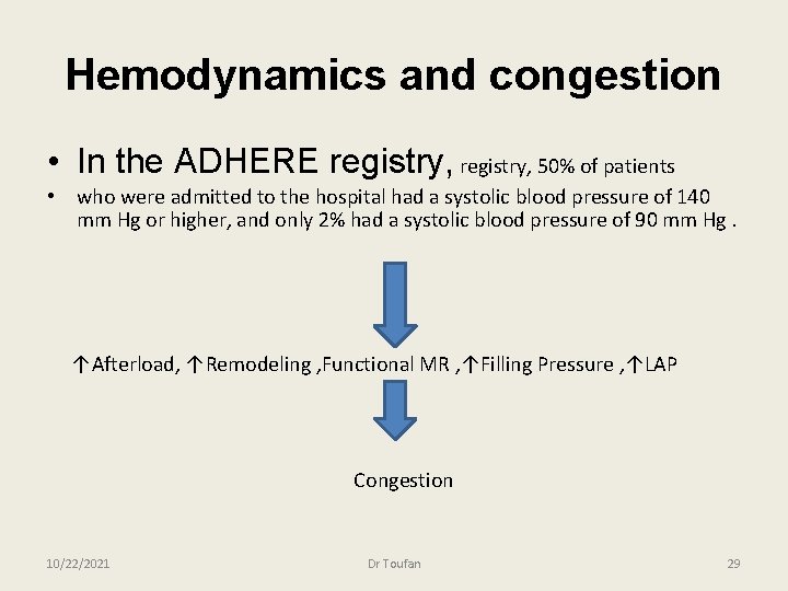 Hemodynamics and congestion • In the ADHERE registry, 50% of patients • who were