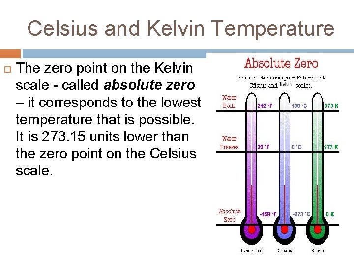 Celsius and Kelvin Temperature The zero point on the Kelvin scale - called absolute