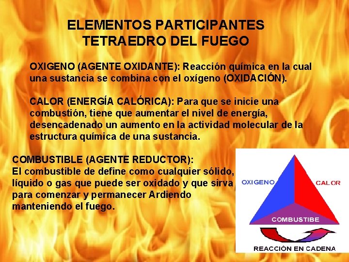 ELEMENTOS PARTICIPANTES TETRAEDRO DEL FUEGO OXIGENO (AGENTE OXIDANTE): Reacción química en la cual una