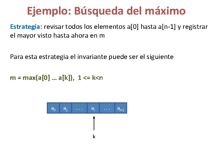 Ejemplo: Búsqueda del máximo Estrategia: revisar todos los elementos a[0] hasta a[n-1] y registrar