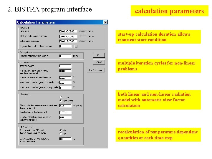 2. BISTRA program interface calculation parameters start-up calculation duration allows transient start condition multiple
