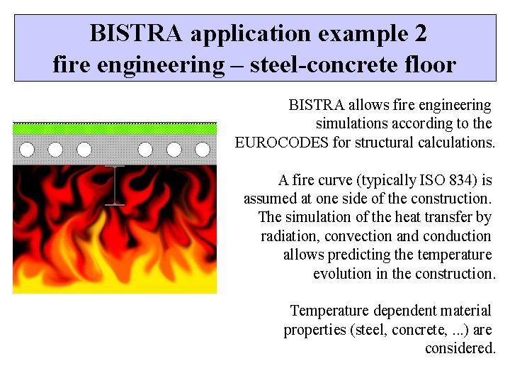 BISTRA application example 2 fire engineering – steel-concrete floor BISTRA allows fire engineering simulations