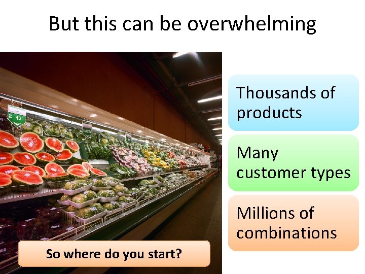But this can be overwhelming Thousands of products Many customer types Millions of combinations