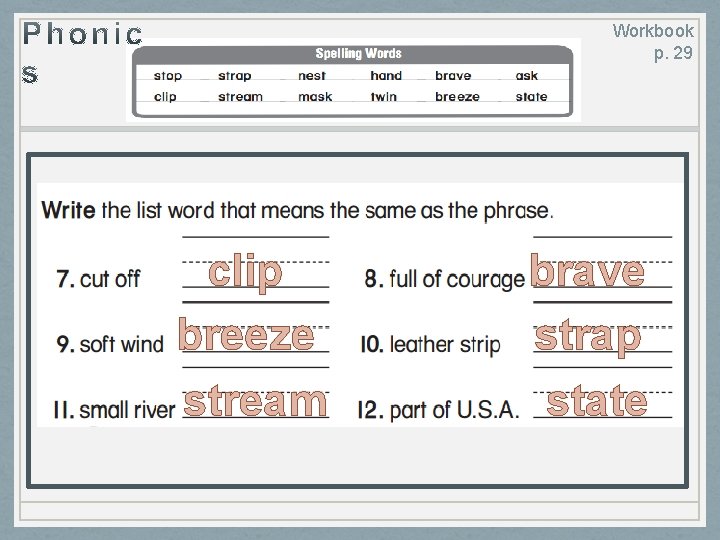 Workbook p. 29 clip breeze stream brave strap state 