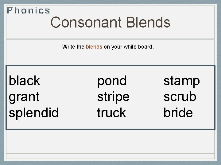 Consonant Blends Write the blends on your white board. black grant splendid pond stripe