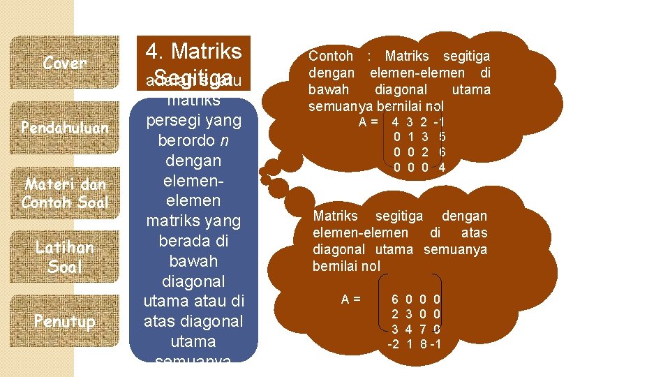 Cover Pendahuluan Materi dan Contoh Soal Latihan Soal Penutup 4. Matriks Segitiga adalah suatu