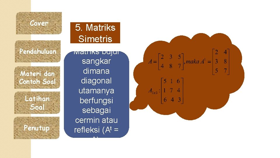 Cover Pendahuluan Materi dan Contoh Soal Latihan Soal Penutup 5. Matriks Simetris Matriks bujur
