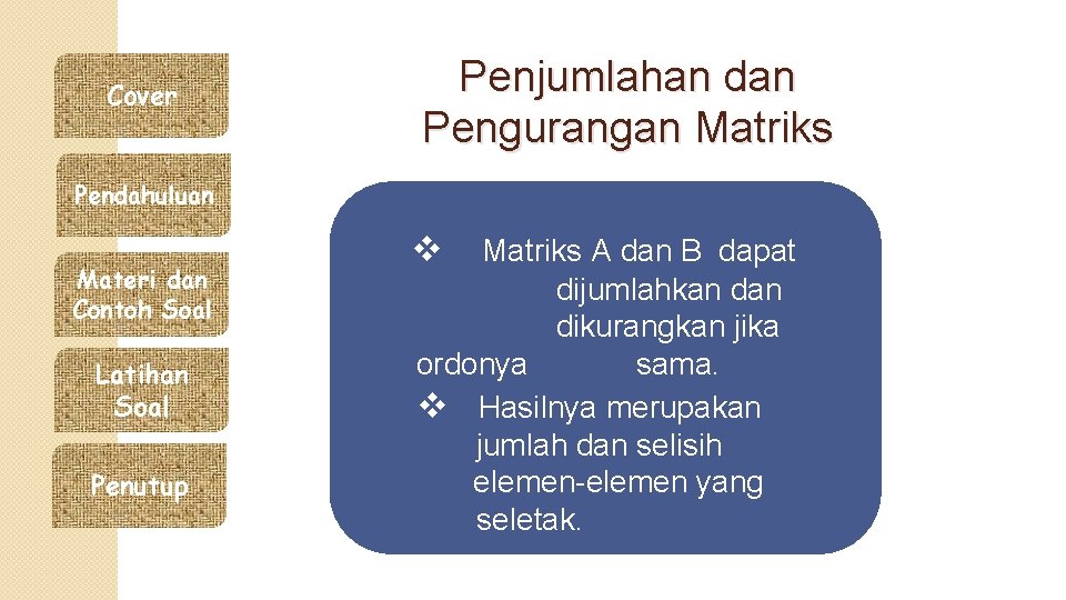 Cover Penjumlahan dan Pengurangan Matriks Pendahuluan Materi dan Contoh Soal Latihan Soal Penutup v