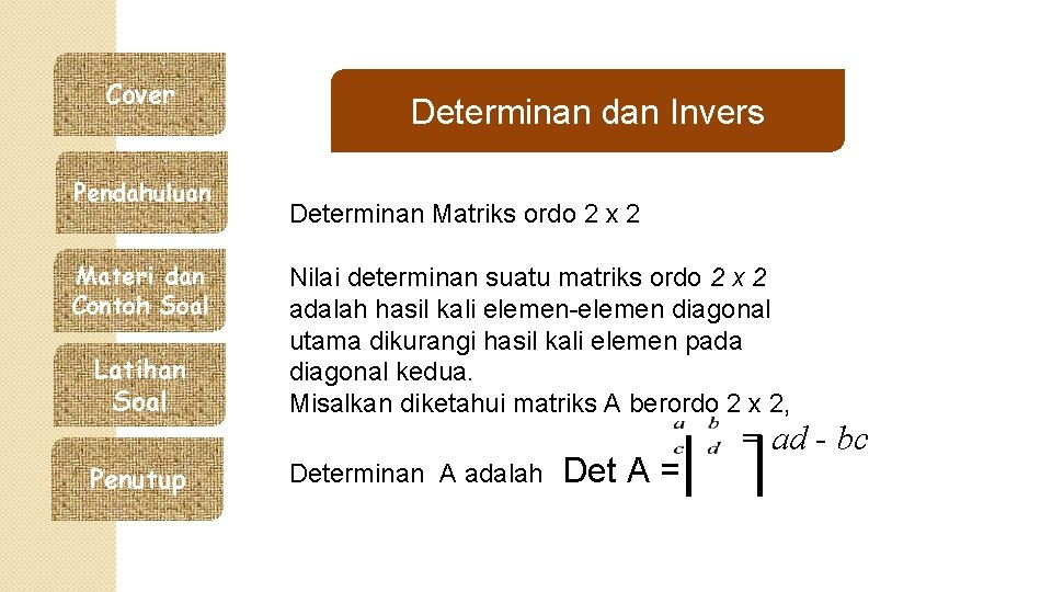 Cover Pendahuluan Materi dan Contoh Soal Latihan Soal Penutup Determinan dan Invers Determinan Matriks