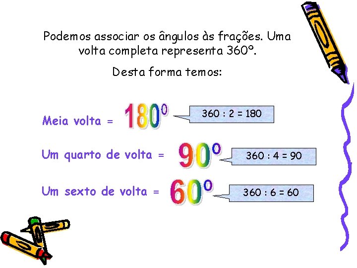 Podemos associar os ângulos às frações. Uma volta completa representa 360º. Desta forma temos: