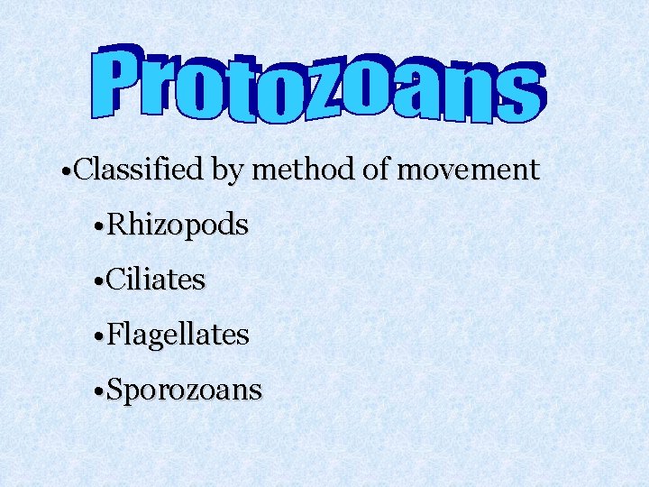  • Classified by method of movement • Rhizopods • Ciliates • Flagellates Flagellate